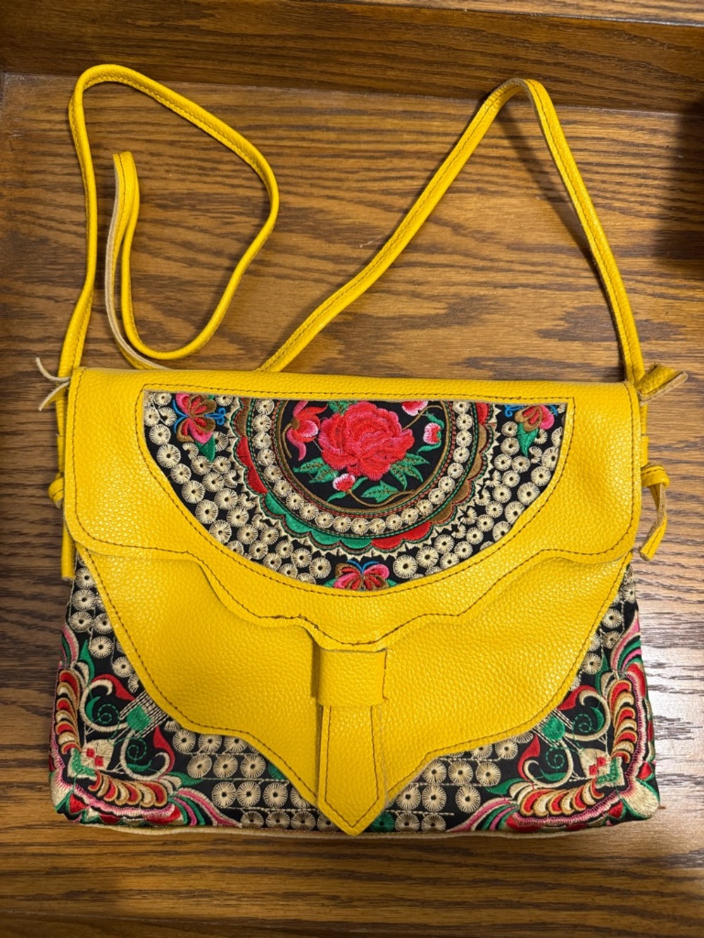 Yellow Embroidered Crossbody Bag - Vibrant Floral Detail